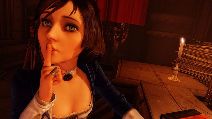 braunhaarige Frau im blauen Mantel Illustration, BioShock, blaue Augen, BioShock Infinite, Elizabeth (BioShock), Videospiele, HD-Hintergrundbild
