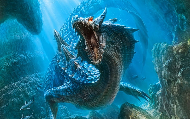 серый дракон обои, дракон, море, вода, акула, Monster Hunter, Lagiacrus, видеоигры, фэнтези арт, подводный, HD обои