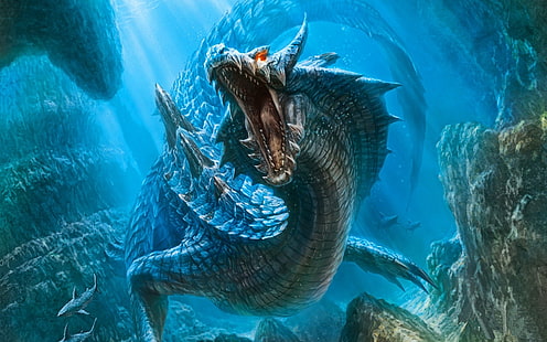серый дракон обои, дракон, море, вода, акула, Monster Hunter, Lagiacrus, видеоигры, фэнтези арт, подводный, HD обои HD wallpaper
