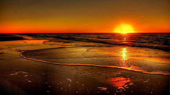 горизонт, послесвечение, закат, оранжевое небо, море, солнце, берег, HD обои HD wallpaper