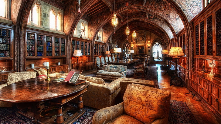 Коричневый деревянный стол со стеклянной столешницей, библиотека, замок Херста, США, Калифорния, HD обои