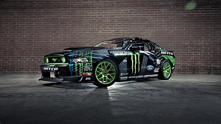 blue and green Ford Mustang coupe, Mustang, Ford, Drift, Wall, Green, Black, RTR, Monster Energy, Team, Competition, Sportcar, Vaughn Gittin Jr, HD wallpaper