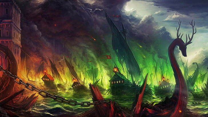 grafika, Blackwater, chmury, Grafika koncepcyjna, fantasy Art, ogień, Gra o tron, Kings Landing, morze, statek, tonące statki, dym, wojna, Tapety HD