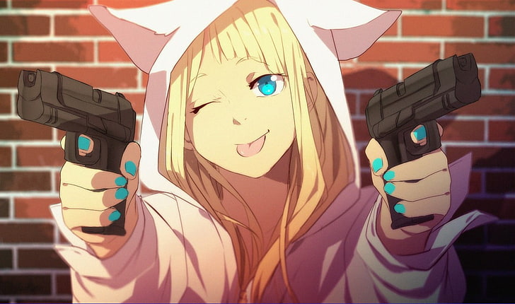 kobieta trzymająca dwa pistolety postać anime, anime, pistolet, kaptury, anime dziewczyny, broń, pistolet, blondynka, Tom Skender, Tapety HD