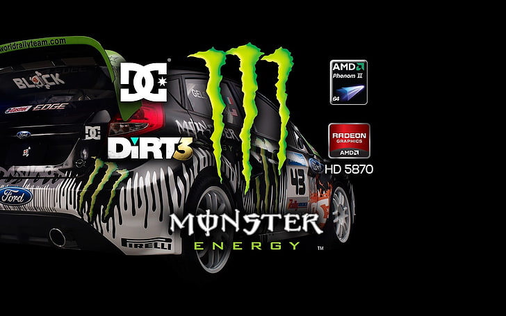 Monster Energy wall paper, dirt 3, car, brands, ford, graphics, HD wallpaper