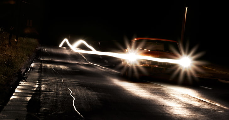 noche, coche, luces, camino, senderos de luz, marrón, Fondo de pantalla HD