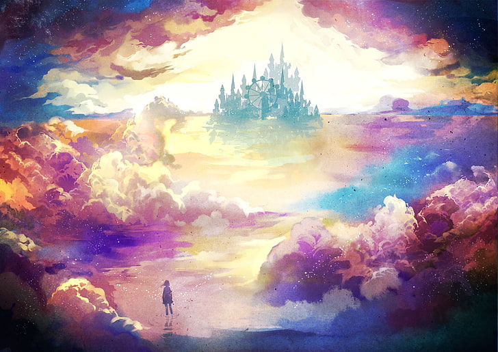 castle on clouds painting, artwork, fantasy art, digital art, stars, clouds, colorful, castle, HD wallpaper