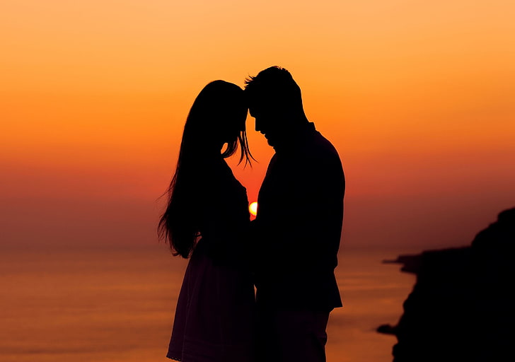 silhouette photo of man and woman, girl, the sun, love, sunset, background, widescreen, Wallpaper, romance, mood, woman, feelings, silhouette, male, guy, full screen, HD wallpapers, fullscreen, HD wallpaper