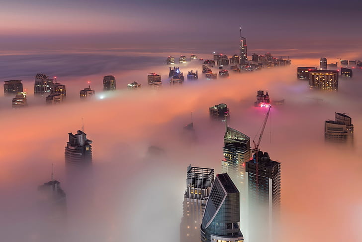 светлина, нощ, град, мъгла, вечер, Дубай, ОАЕ, HD тапет