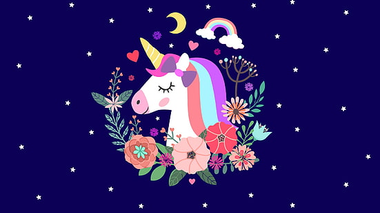  Fantasy Animals, Unicorn, Flower, Stars, HD wallpaper HD wallpaper