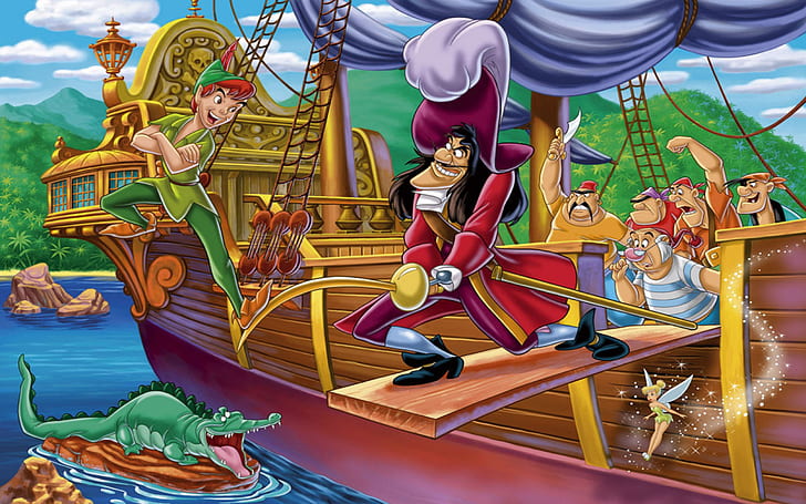 Peter Pan Tinker Bell Captain Hook Smee Tick Tock The Crocodile and Pirates Of Captain Hook Disney Cartoon Desktop HD Wallpaper 2560 × 1600، خلفية HD