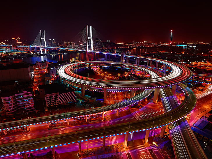 natt, bro, staden, ljus, utdrag, Kina, Shanghai, Nanpu Bridge, HD tapet
