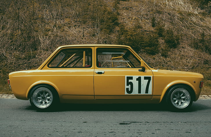 auto sportiva, vintage, Fiat 128, auto gialle, Sfondo HD