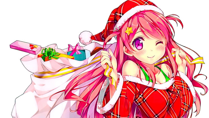 anime, anime girls, Kantoku, Christmas, Kurumi (Kantoku), Afterschool of the 5th year, original characters, pink hair, hat, pink eyes, smiling, HD wallpaper
