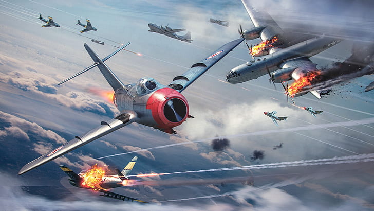 The sky, The plane, Fire, War, Fighter, USA, Flame, Sky, Superfortress, Korea, Soviet fighter, MiG, Bomber, The MiG-15, Fagot, F-86, B-29 Superfortress, Dogfight, The Korean war, Aircraft, WarThunder, North American F-86 Sabre, Lined, Game Art, Korean War, Heavy bomber, by Olivi, Olive, Air Combat, Jet fighter, Sabre, Boeing B-29, HD wallpaper