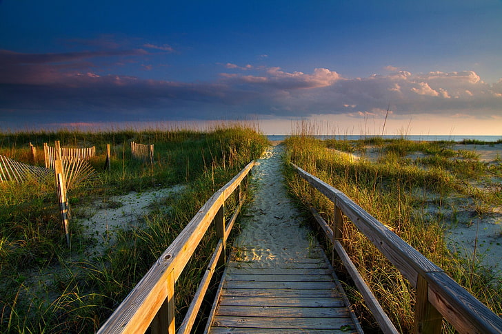 born wooden bridge, walkway, beach, clouds, grass, sand, sea, coast, nature, landscape, HD wallpaper