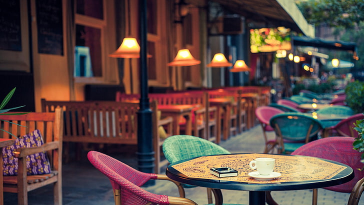 table, restaurant, lighting, furniture, chair, coffee, cup, terrace, harmony, calm, mood, HD wallpaper