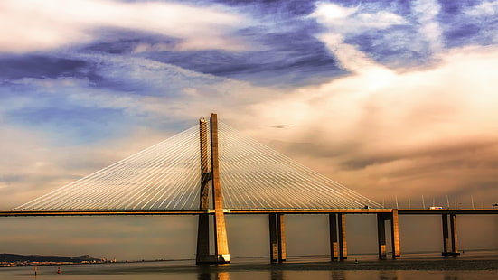 Portugal Lisbon sungai Tagus, jembatan, matahari terbenam, Portugal, Lisbon, Sungai, Tagus, Jembatan, Matahari Terbenam, Wallpaper HD HD wallpaper
