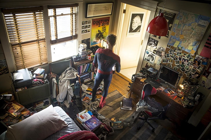 Andrew Garfield als Spider-Man, Spider-Man, Peter Parker, Raum, Unordnung, HD-Hintergrundbild