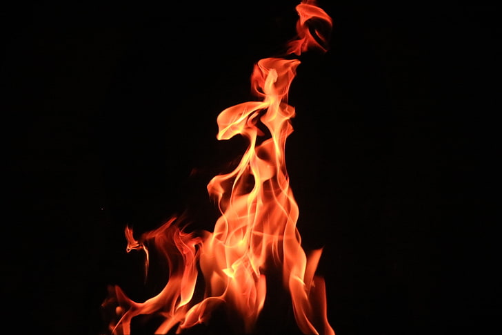 orange flame, fire, flame, bonfire, dark background, HD wallpaper