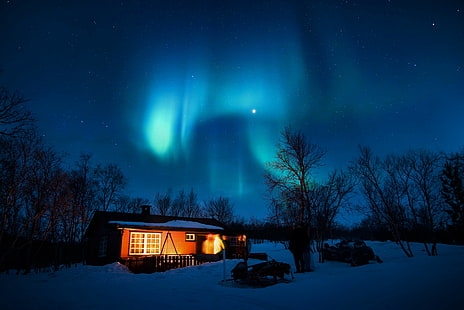aurora boreal, azul, cabina, frío, luces, noche, aurora boreal, cielo, nieve, motos de nieve, estrellas, invierno, Fondo de pantalla HD HD wallpaper