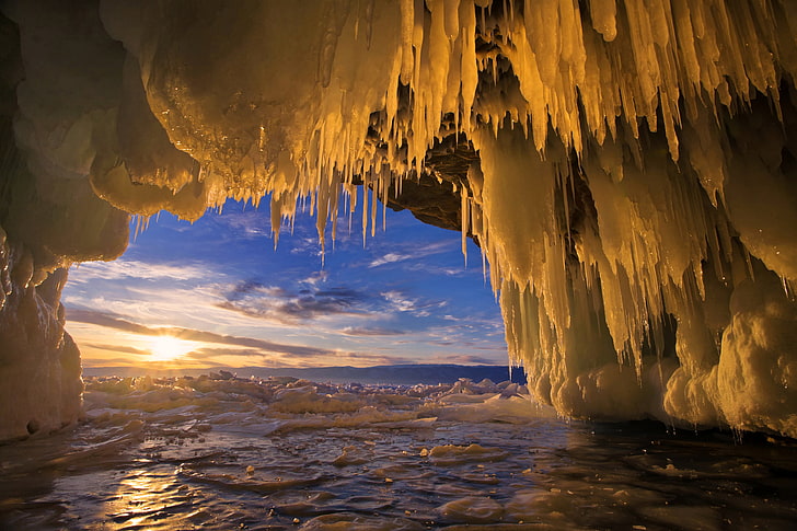 снежни сталактити, лед, залез, езеро, ледени висулки, Байкал, Русия, пещерата, HD тапет