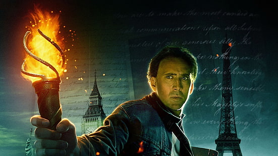 Nicolas Cage, National Treasure: Book of Secrets, Nicolas Cage, film, fuoco, Torre Eiffel, Big Ben, Sfondo HD HD wallpaper