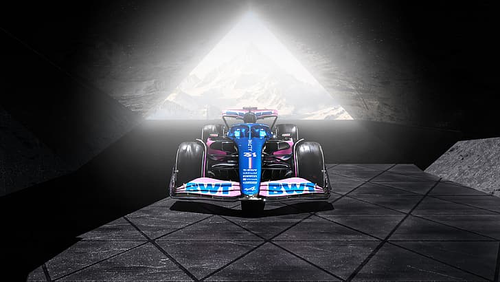 Formel 1, Formelautos, Renault Alpine, Alpine F1 Team, Alpine A523, Fahrzeug, Motorsport, dunkler Hintergrund, Spiegelung, Auto, HD-Hintergrundbild