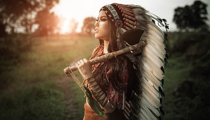 Women, Native American, Axe, Depth Of Field, Feather, Girl, Headdress, Model, Woman, HD wallpaper