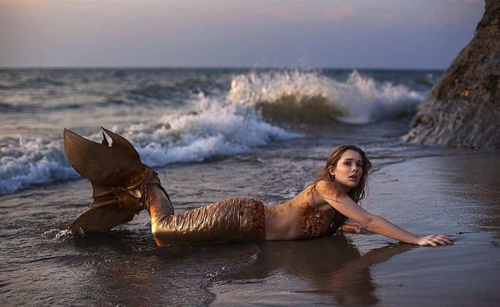 фото русалки на берегу моря, фэнтези арт, русалки, женщины на природе, море, модель, женщины, HD обои