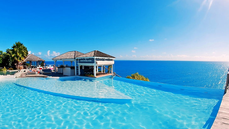 recours, loisirs, maldives, piscine, mer, ciel bleu, vacances, ciel, océan bleu, caraïbes, eau, villa, océan, Fond d'écran HD