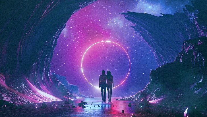 man and woman between rocks illustration, man and woman graphic art, neon, 1980s, Retro style, space, couple, romance, synthwave, digital art, stars, circle, lights, HD wallpaper