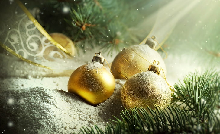Happy New Year, three gold-colored baubles, Holidays, New Year, Magic, happy new year!, happy new year 2011, christmas balls, 2011 happy new year, pine branch, HD wallpaper