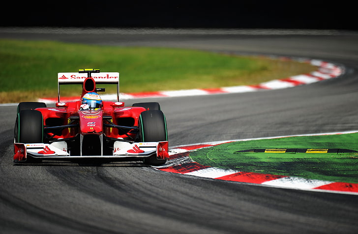 czerwono-biały bolid F1, zakręt, Formuła 1, Ferrari, Formuła 1, Fernando Alonso, Tapety HD