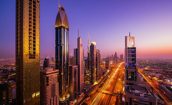 Autostrada Sheikh Zayed, Dubai, foto aerea del paesaggio urbano skyline, luci, Dubai, casa, Emirati Arabi Uniti città di Dubai, otturatore, notte, denominata autostrada Sheikh Zayed, Sfondo HD