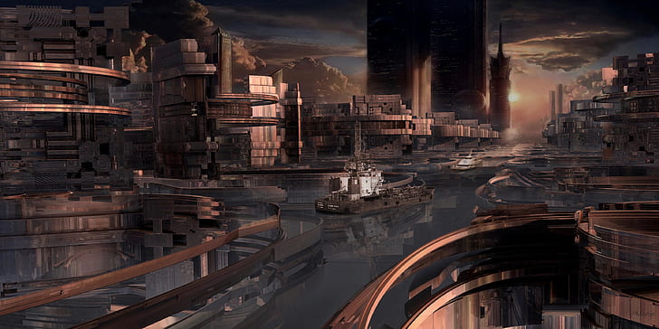 خيال علمي ، مدينة ، قارب ، بناء ، مستقبلي، خلفية HD