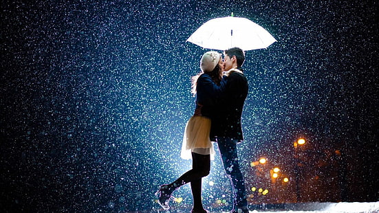 kiss, snow, snowing, couple, kissing, love, romantic, HD wallpaper HD wallpaper