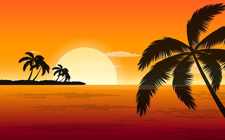 abstracto, mar, palmeras, playa, sol, vecteur, Fond d'écran HD