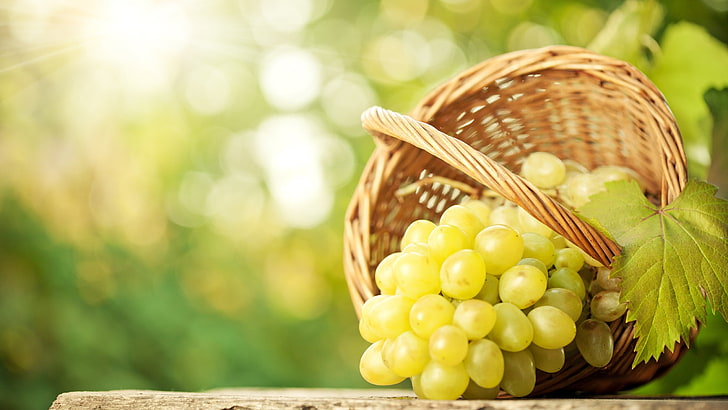 green grapes and brown wicker basket, food, grapes, HD wallpaper