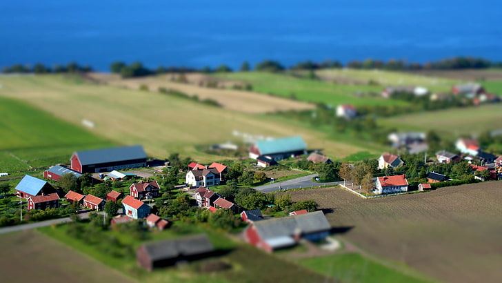 масштабная модель села, съемка наклона жилых домов, смещение наклона, деревни, HD обои