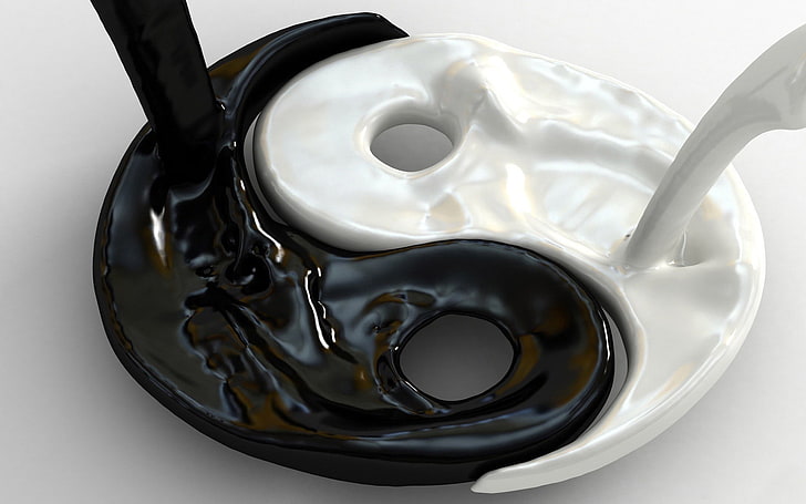 keramik YinYang piring hitam dan putih, Yin dan Yang, cair, abstrak, Wallpaper HD