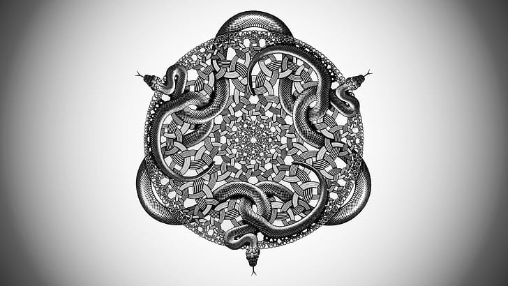 résumé, oeuvre d'art, cercle, dessin, M. C. Escher, monochrome, occulte, serpent, symétrie, Fond d'écran HD