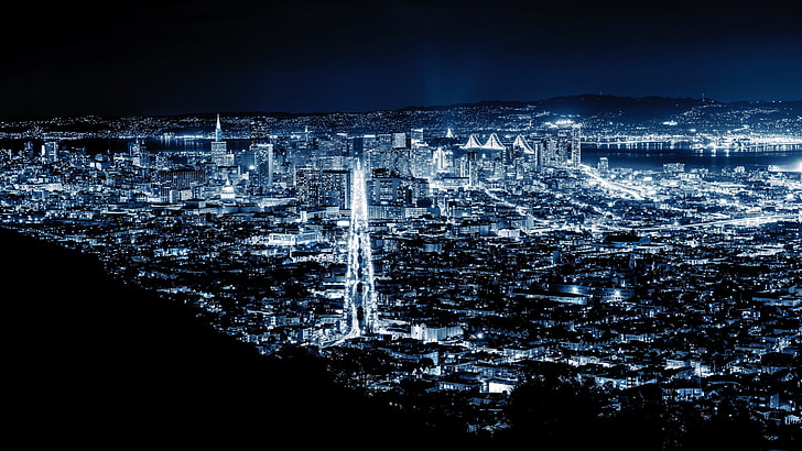 градски пейзаж, небе, нощ, Сан Франциско, Метрополис, Калифорния, САЩ, САЩ, тъмнина, градски светлини, син, силует, фотография, HD тапет