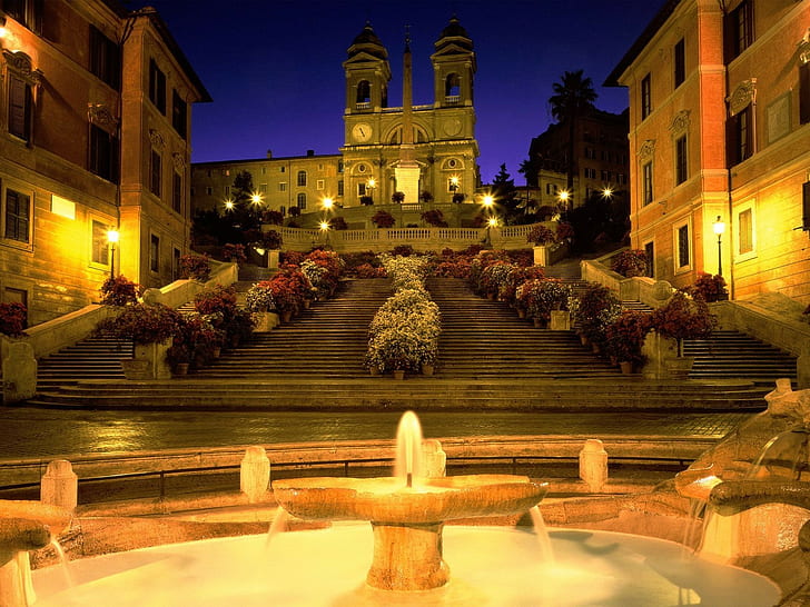Italie, Rome, église, escaliers, fontaine, soirée, lumières, éclairage public, ville, Piazza di Spagna, Fond d'écran HD