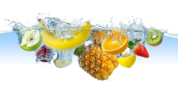 lemon, orange, banana, pineapple fruits, water, berry, fruit, HD wallpaper HD wallpaper