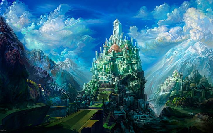 Castelo HD, castelo na ilustração de montanhas, fantasia, castelo, HD papel de parede