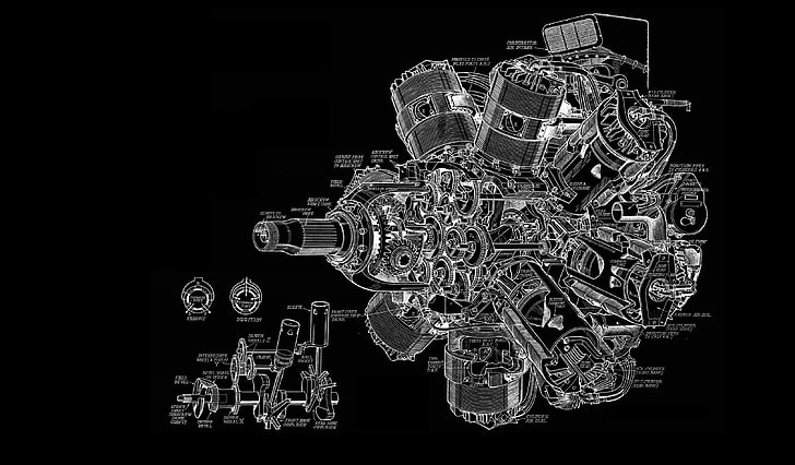 illustrazione del grafico delle parti del veicolo, motori, schema, aeroplano, schizzi, ingegneria, turbina, ingranaggi, Sfondo HD