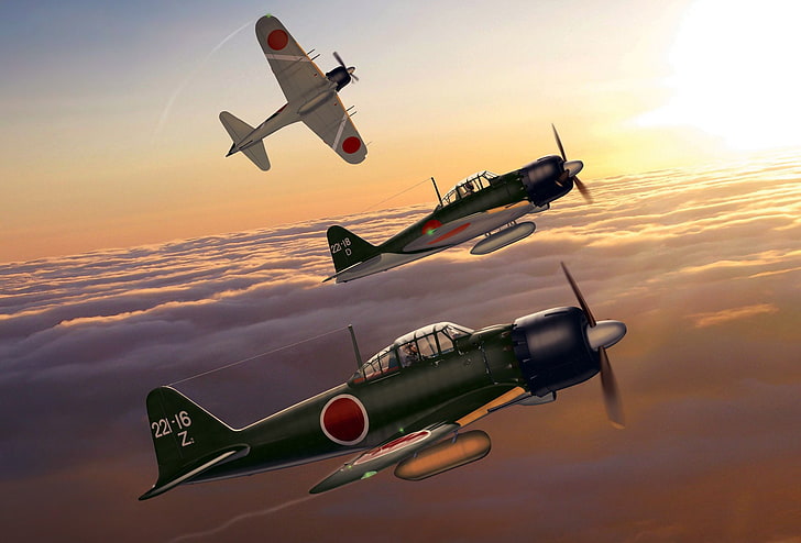 Япония, изкуство, Mitsubishi, изтребител-прехващач, WW2, A6M5 Zero, Военноморският флот на имперска Япония, HD тапет