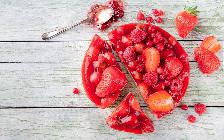 food, spoon, cake, red, fruit, strawberries, raspberries, HD wallpaper