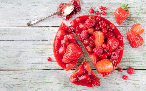 mat, sked, tårta, röd, frukt, jordgubbar, hallon, HD tapet HD wallpaper